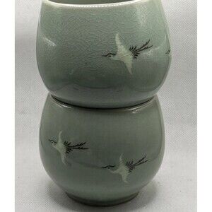 Korean Round Celadon Crane Tea Cup 3x3” Vintage Matcha Cups Tea Party